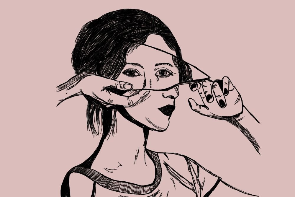 Illustration of a woman pulling a mask-like layer off her own face with both hands