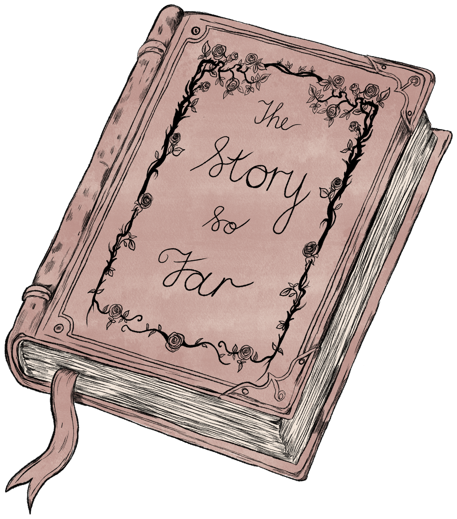 Illustrated book cover for The Story So Far, decorated with roses.